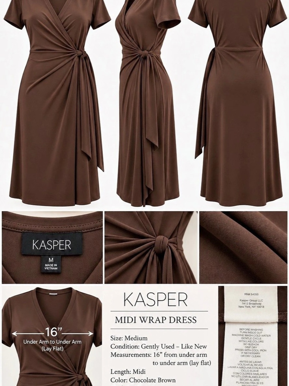 KASPER Midi Faux Wrap Dress in Brown Size Medium Like New